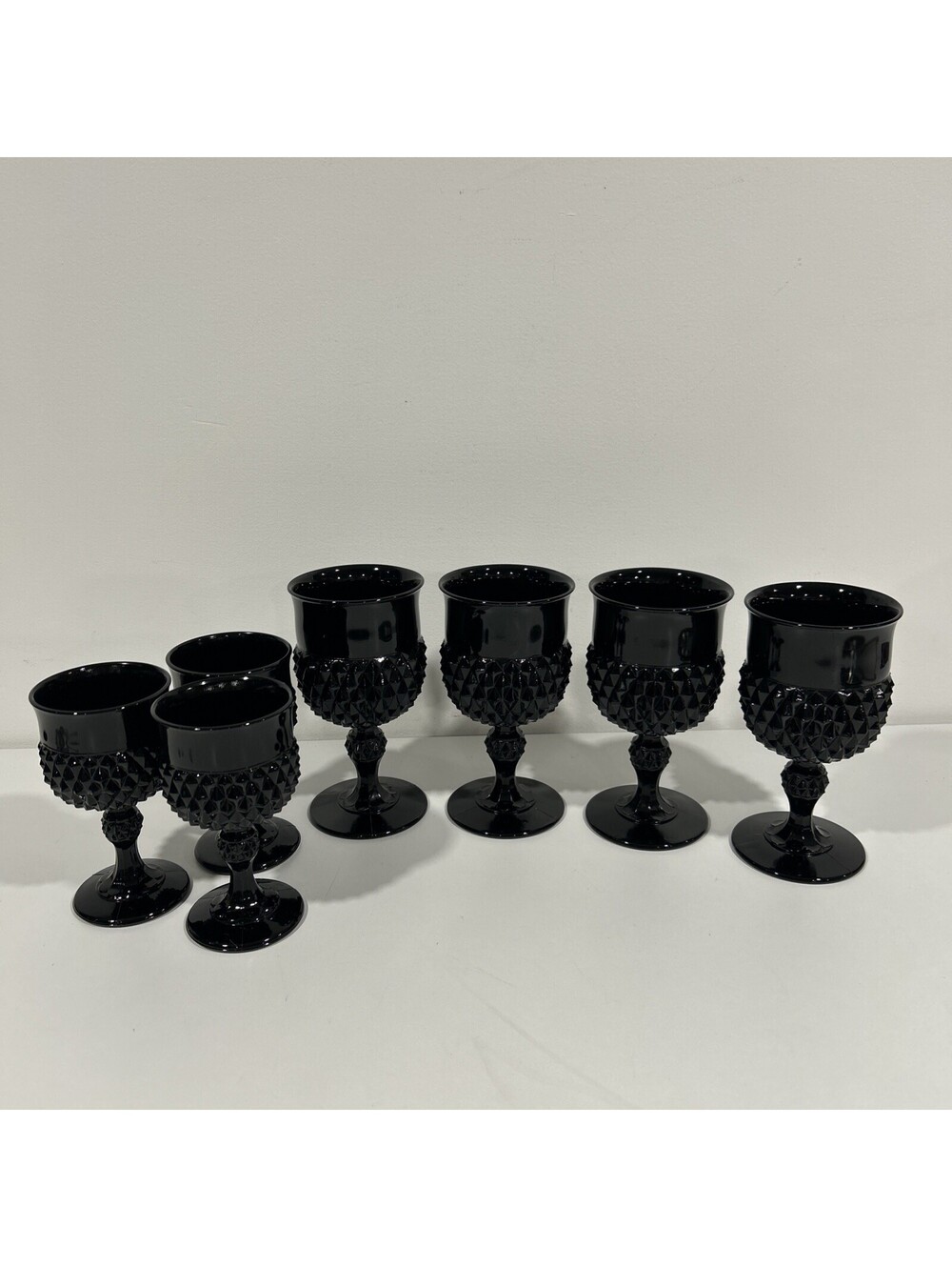 SET OF 7 Indiana Tiara Black Pressed Glass Diamond Point Goblets 6.5” 5.5” MCM